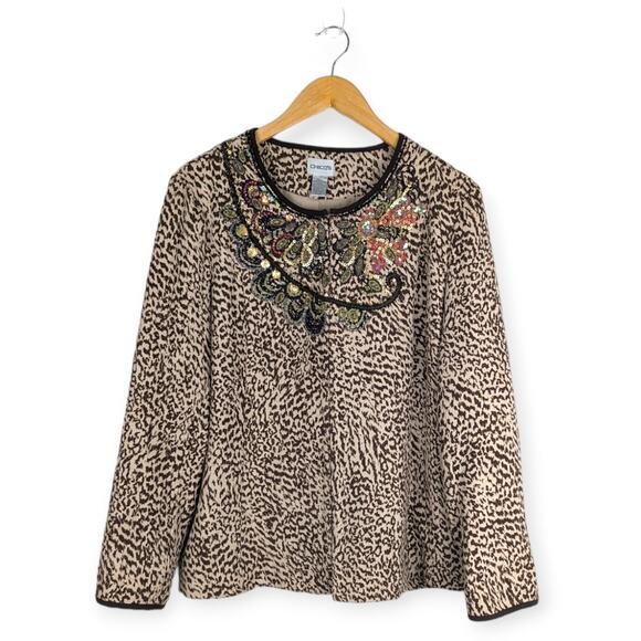 Chico's Animazing Jelica Animal Print Embroidered Sequin‎ Jacket Size 2 | Large - Picture 1 of 11
